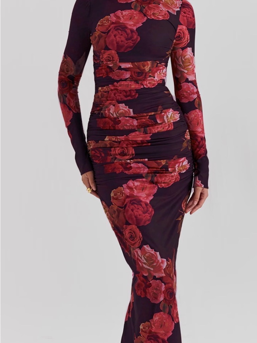 Floral Ruched Long Sleeve Bodycon Dress in Burgundy Rose
